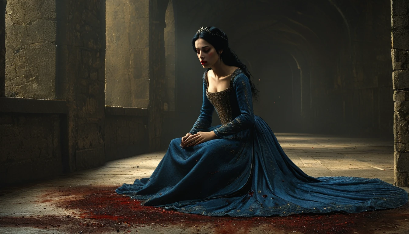 (((medieval style))), image of a princess in a blue dress waking up on the floor scared with her lips bleeding, Bill Henson, black hair, super detailed golden eyes, blood red lips, super detailed 4k, Unreal 5 graphics engine