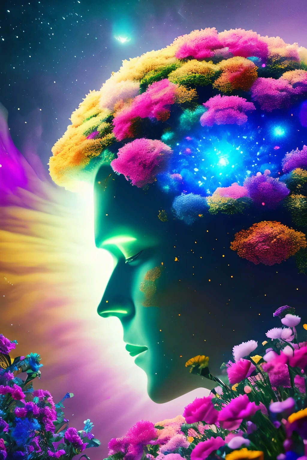 This close-up shot captures the mesmerizing spectacle of a luminescent 3D render of an astronaut floating in a lush, kaleidoscopic garden of blossoming flowers. The petals of these otherworldly blooms shimmer with an ethereal glow, casting a mesmerizing light on the astronaut's visor. As if in a celestial dance, dice fall from the sky, their scatter trajectory eerily reflected in the astronaut's visor, adding an element of mystery and intrigue to this scene.

The image bursts with vibrant, exaggerated hues, evoking the fantastical realms of Pix