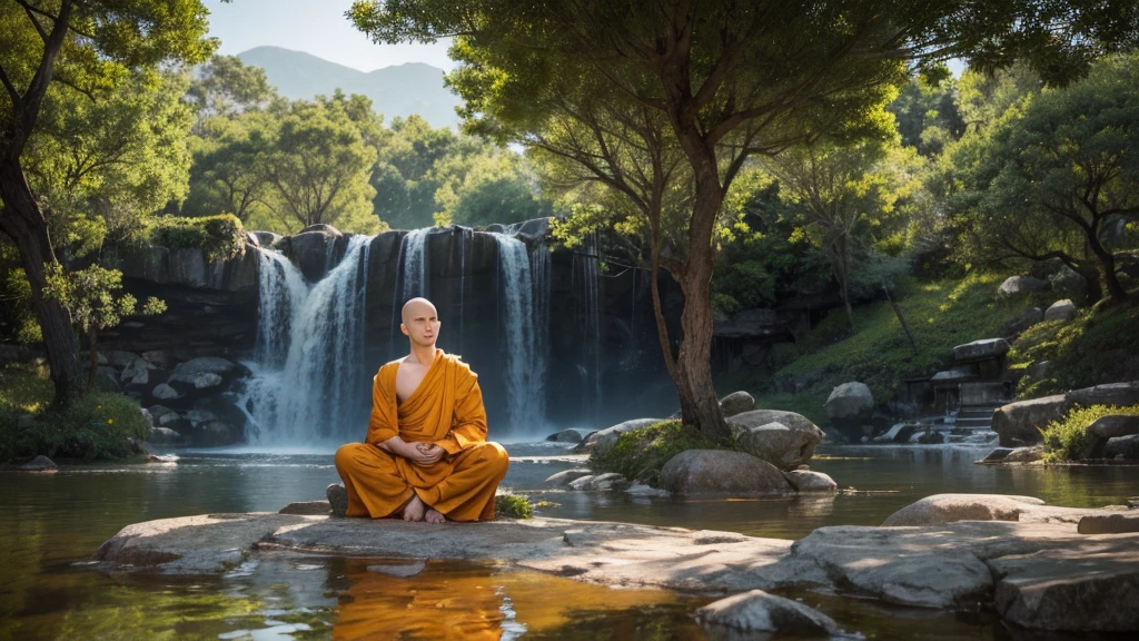 A detailed picture of a monk sitting meditation, could be sitting under a big tree, full body, eyes closed. his head shaved bald. Buddhism style. The monk clothing drapes elegantly but do not expose the body , and the dark yellow, could be in nature, background contrasts sharply with the monk, making it the focal point. The overall ambiance of the image is peacefully, emphasized by the play of light and shadow. Wide shot. front view. Realistic, Hyper detailed.