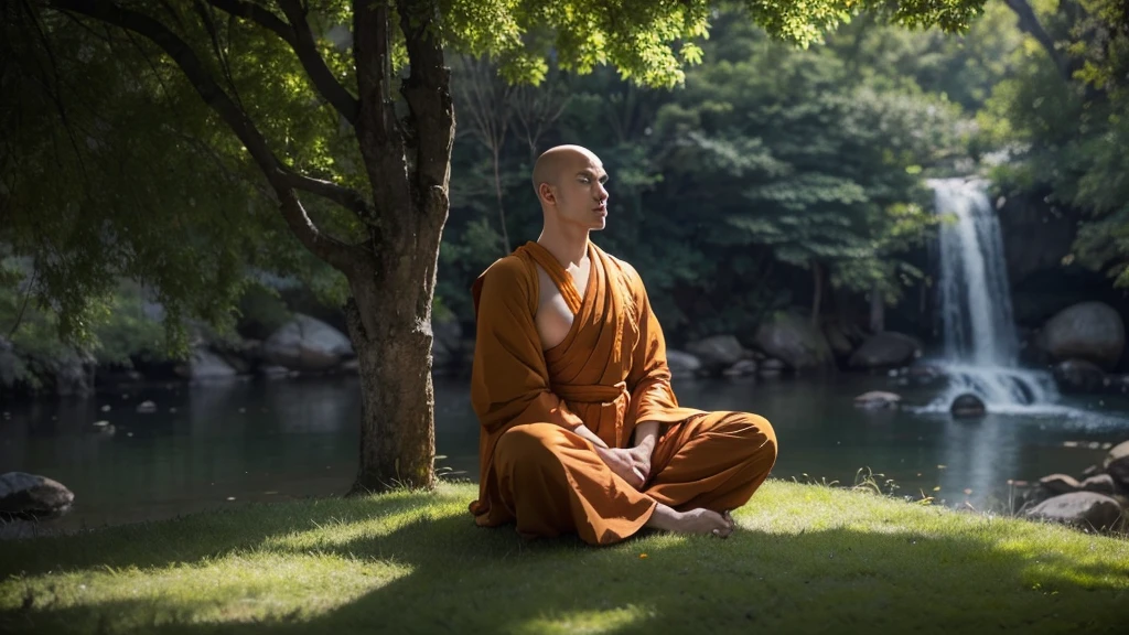 A detailed picture of a monk sitting meditation, could be sitting under a big tree, full body, eyes closed. his head shaved bald. Buddhism style. The monk clothing drapes elegantly but do not expose the body , and the dark yellow, could be in nature, background contrasts sharply with the monk, making it the focal point. The overall ambiance of the image is peacefully, emphasized by the play of light and shadow. Wide shot. front view. Realistic, Hyper detailed.