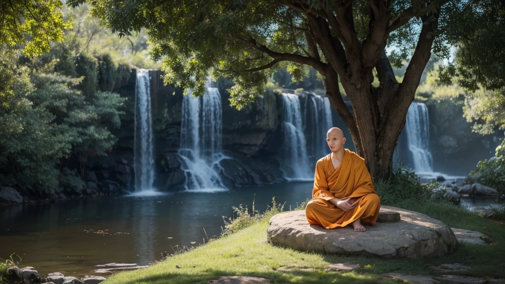 A detailed picture of a monk sitting meditation, could be sitting under a big tree, full body, eyes closed. his head shaved bald. Buddhism style. The monk clothing drapes elegantly but do not expose the body , and the dark yellow, could be in nature, background contrasts sharply with the monk, making it the focal point. The overall ambiance of the image is peacefully, emphasized by the play of light and shadow. Wide shot. front view. Realistic, Hyper detailed.