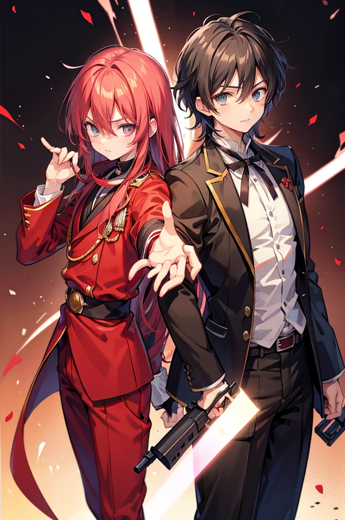 anime boy in a red suit pointing at the camera, anime cover, anime style like fate/stay night, hijikata toushirou, by Jin Homura, handsome anime pose, yandere, yandere. tall, anime visual of a cool guy, inspired by Munakata Shikō, anime moe artstyle, black hair with red tips, long hair, heterochromia left is red, right is bright yellow, holding ancient gun in front of him