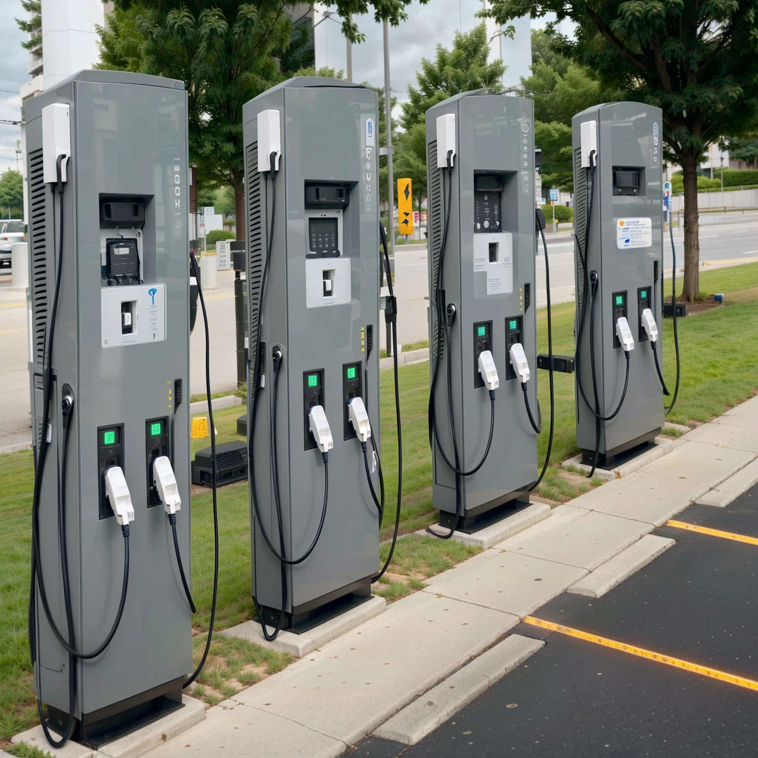 arafed electric charging stations are lined up in a row, very intense, charging through city, by Randy Post, motivational, a super-smart, conceptual, a hyper realistic, inspiring, circular, very neat, 2 1 st century, static, hyper realistic ”, hyper realistic”, easy, best selling, it's very huge, energy, large and in charge, upset