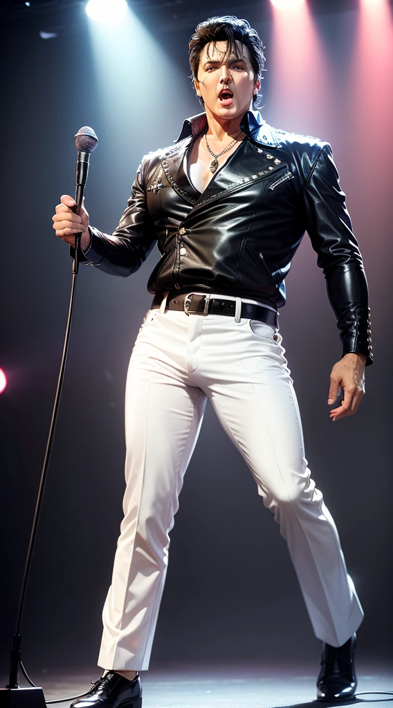 Create a full body close UP image of Elvis Presley, singing for fans best quality High quality, ultra HD,