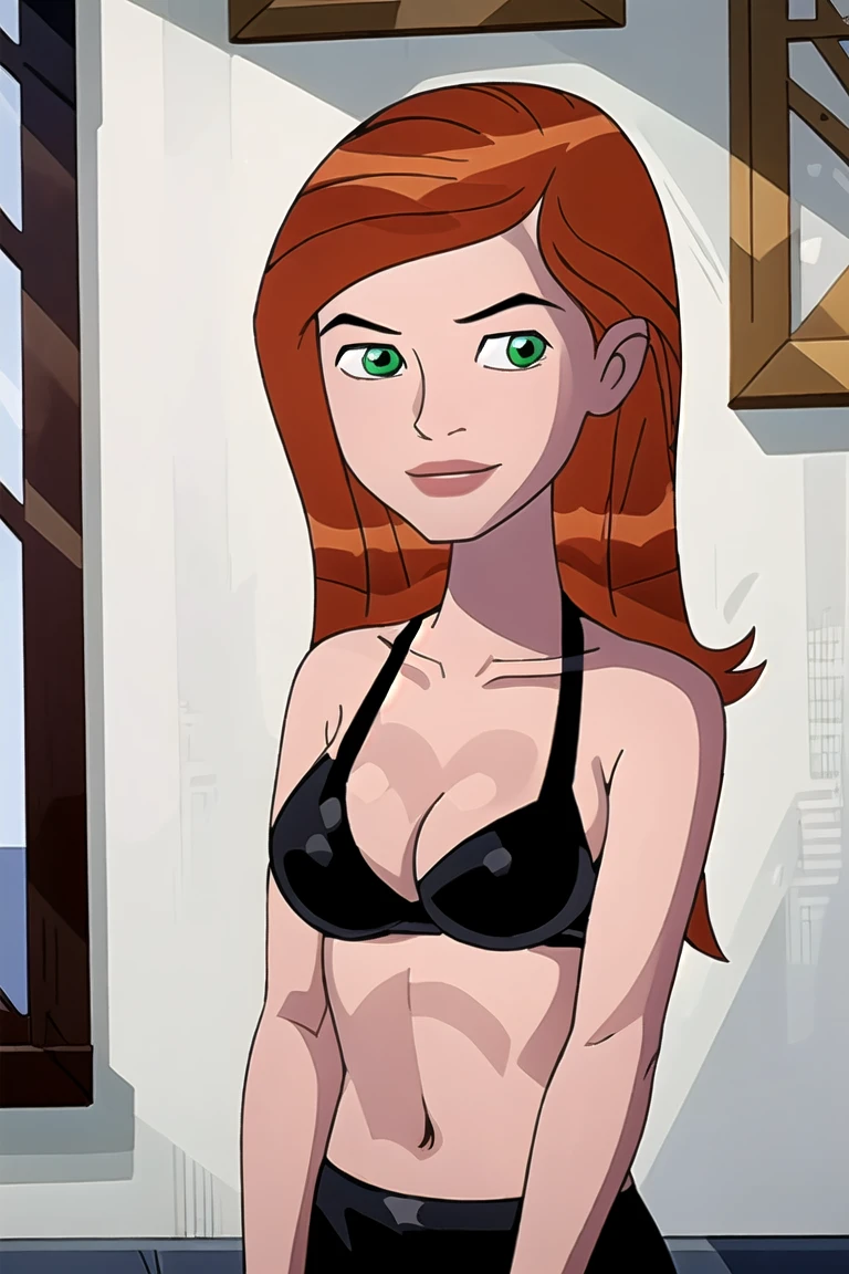 gwentennyson, (8k, RAW photo, best quality, masterpiece:1.2), (intricate details), perfect eyes, perfect face, perfect lighting, beautiful, (masterpiece:1.2), (best quality:1.2), 1girl, cartoon style, solo, redhead, green eyes, black bikini , smile