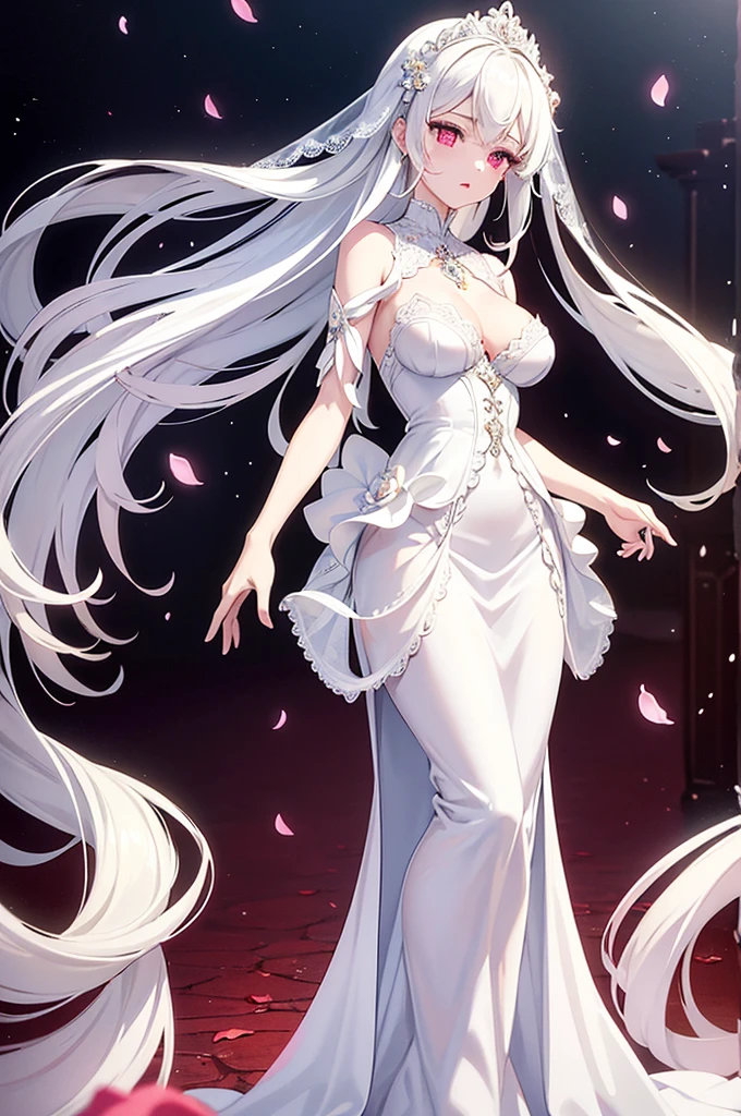 1 girl、work of art、maximum quality、Delicate and gorgeous、White hair、Beautiful and delicate long hair、long veil、breasts big、Delicate and gorgeous white lace dress、Dress embellished with jewels、Beautiful garnet eyes、Enchanted breasts、Enchanted thighs、Delicate and gorgeous flower garden、It's snowing in the sparkling snow、moonlights、near sky、Beautiful lace ribbon、Ephemeral atmosphere、gentle expression