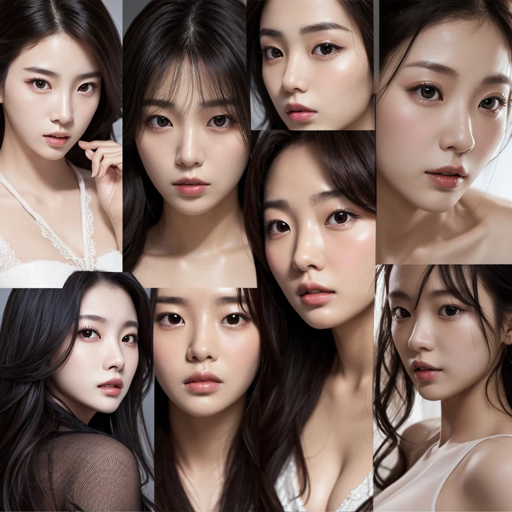 Close-up shot of three Korean beauties with seductive expressions。This scene is intense and dramatic.、The women&#39;s faces are highlighted、It expresses an intense and captivating gaze.。