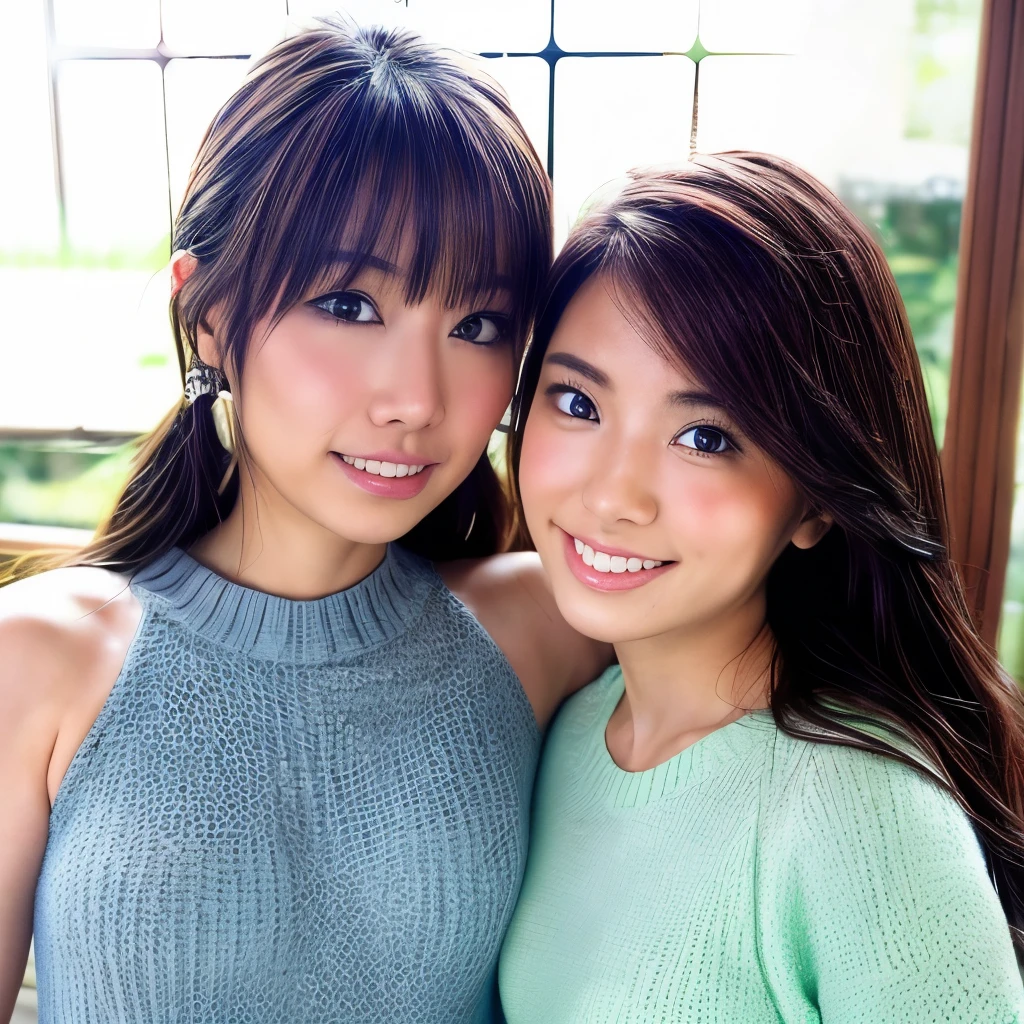 Two women of the same person huddled together、Exactly the same face、Exactly the same body type、Exactly the same hairstyle、Instagram model from another dimension, by 2 person, Imaginative, Metaphysical, Whimsical, Anaglyph Style, 1 Japan, Cute face, 18-year-old,