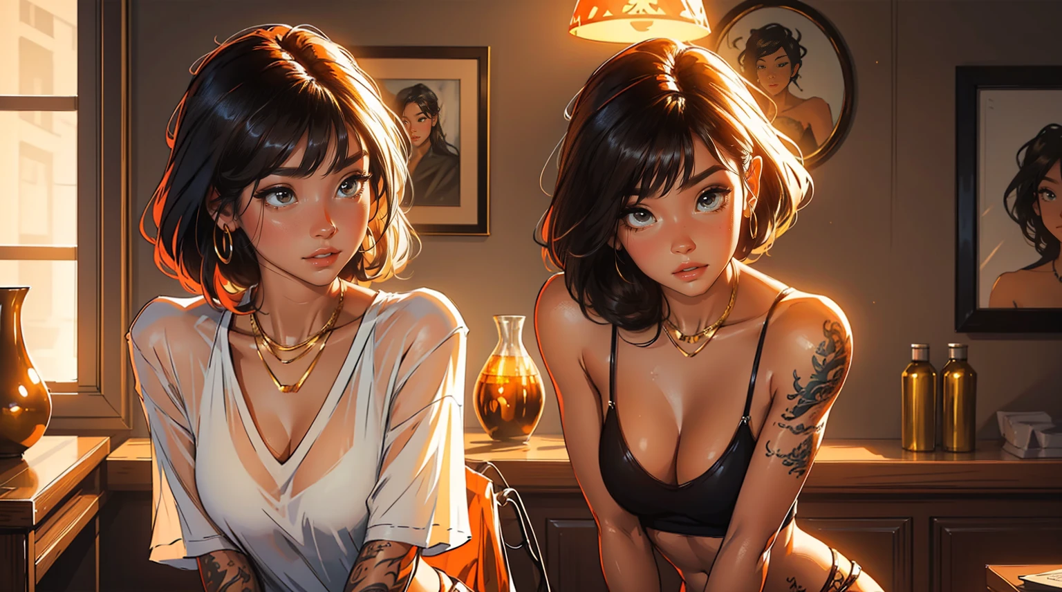 A stunning woman stands solo, hips slightly upturned, her detailed face radiating a sultry invitation. Amber eyes shine like warm honey as she sports multi-colored hair with trendy bangs. A tattooed dragon wraps around her toned physique, visible beneath a fitted t-shirt that accentuates her chest. A delicate necklace glimmers against her skin as she confidently wears a sexy smile. Her mischievous gaze seems to say 'come closer', drawing the viewer's eye like a magnet. Framed by a soft, golden light, Makima's beauty is perfectly balanced and on full display.
