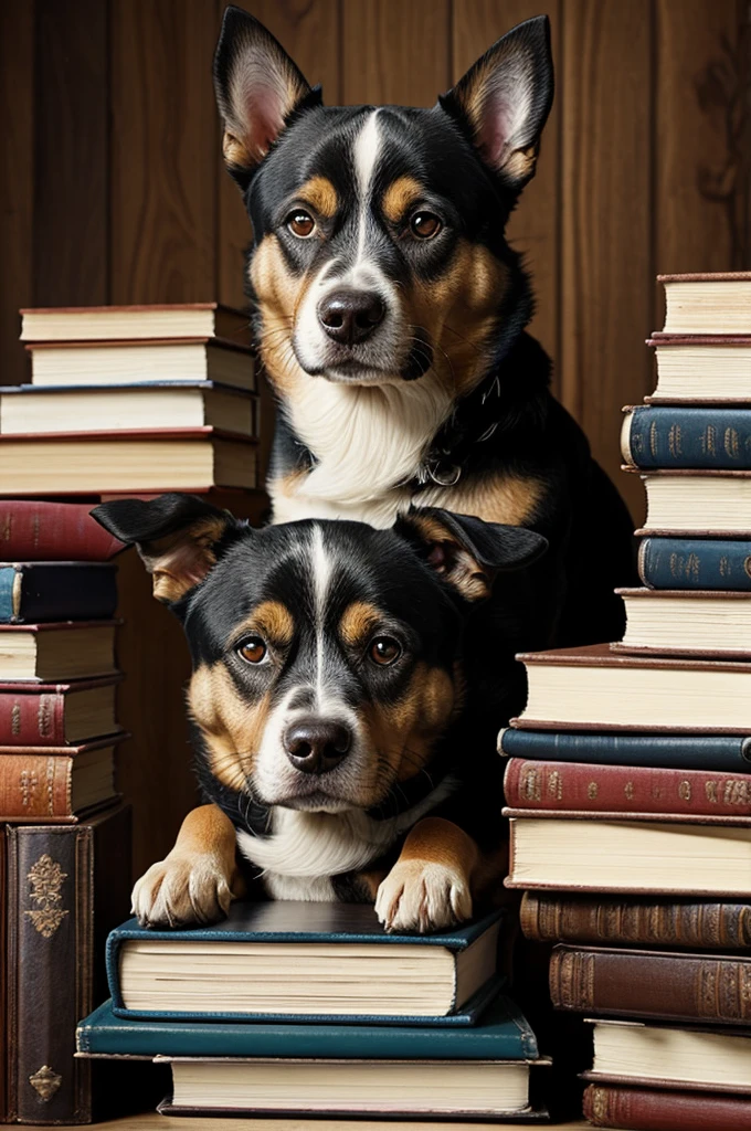 Create image of a dog looking at a stack of books,with a raised eyebrow. Let the expression be noticed. 