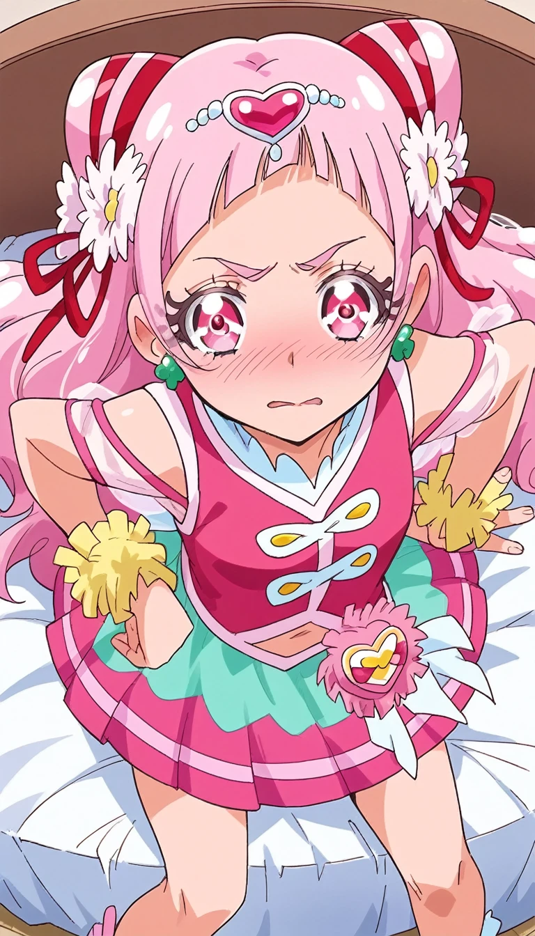 score_9, score_8_up, score_7_up, cure yell, , sitting on bed, put hands on hip,cowboy shot,from above,in luxury bed room. embarrassed face
