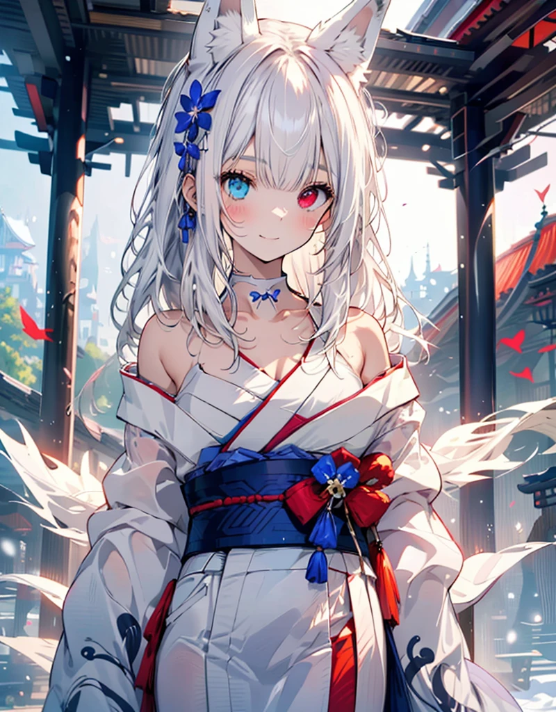 [[[ ultra-detailed, best quality, soft skin, beautiful, 4K]]] white hair, white fox ears, perfect blue and red eyes (heterochromia, tied-up hair, slender body, dynamic angle, white choker, white and blue upper loose kimono (off shoulders kimono ) , white fox ears, calm expression, female, snowy palace gardens background, serious). walking angle, ((little horny smile)), bare shoulders,  easy like, scenery, ((WHITE FOX EARS)) 