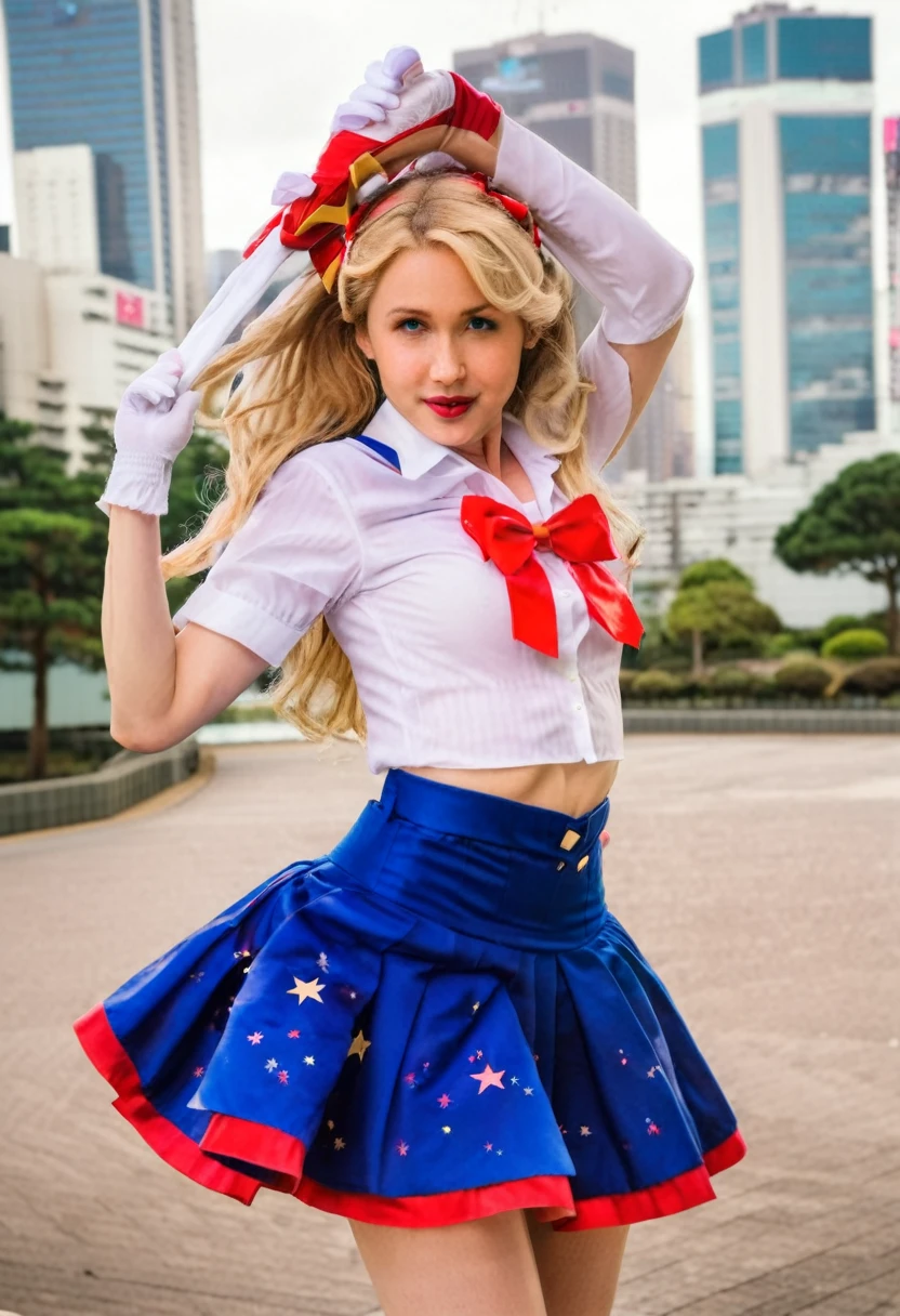 A mid shot photograph of Ryan Gosling dressed in an action pose in a magical girl outfit SailorMoon, taking_off_shirt, blue skirt, white shirt, white gloves, large red bow on chest, background Tokyo City, long blonde hair