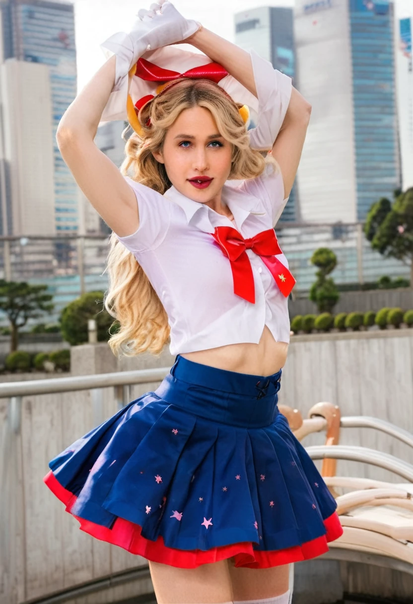 A mid shot photograph of Ryan Gosling dressed in an action pose in a magical girl outfit SailorMoon, taking_off_shirt, blue skirt, white shirt, white gloves, large red bow on chest, background Tokyo City, long blonde hair