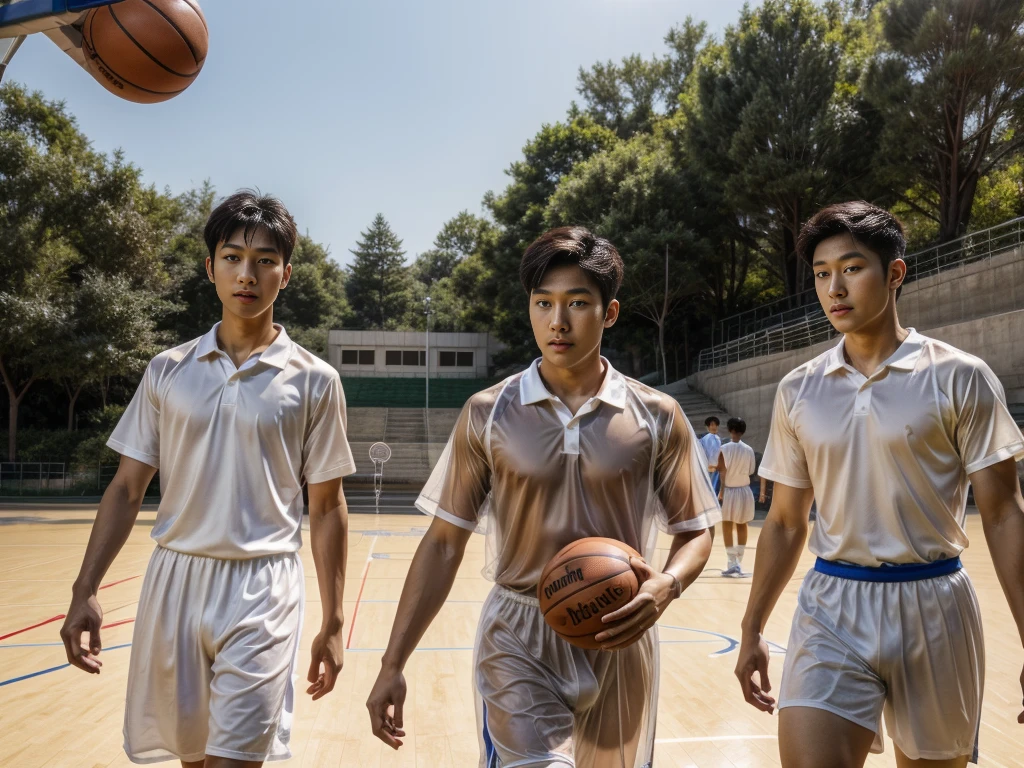 Korean guy wearing transparent brown underwear  playing basketball, handsome face detail,walks naked with a group of friends dressed in school uniforms in amphitheatre , walking on a basketball court, school