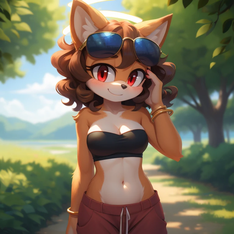 mobian, solo, hedgehog, two-tone fur ((orange fur, brown fur)), strapless crop top, baggy pants, cleavage, two-tone hair (brown hair, black tip)), curly hair, halo, sunglasses, jewelry, red eyes, longeyelashes, red eyes, smile, shy, blush,  framed, stereogram, image fill, viewfinder, depth of field, high details, high detail, masterpiece, UHD, anatomically correct, super detail, highres, 4K