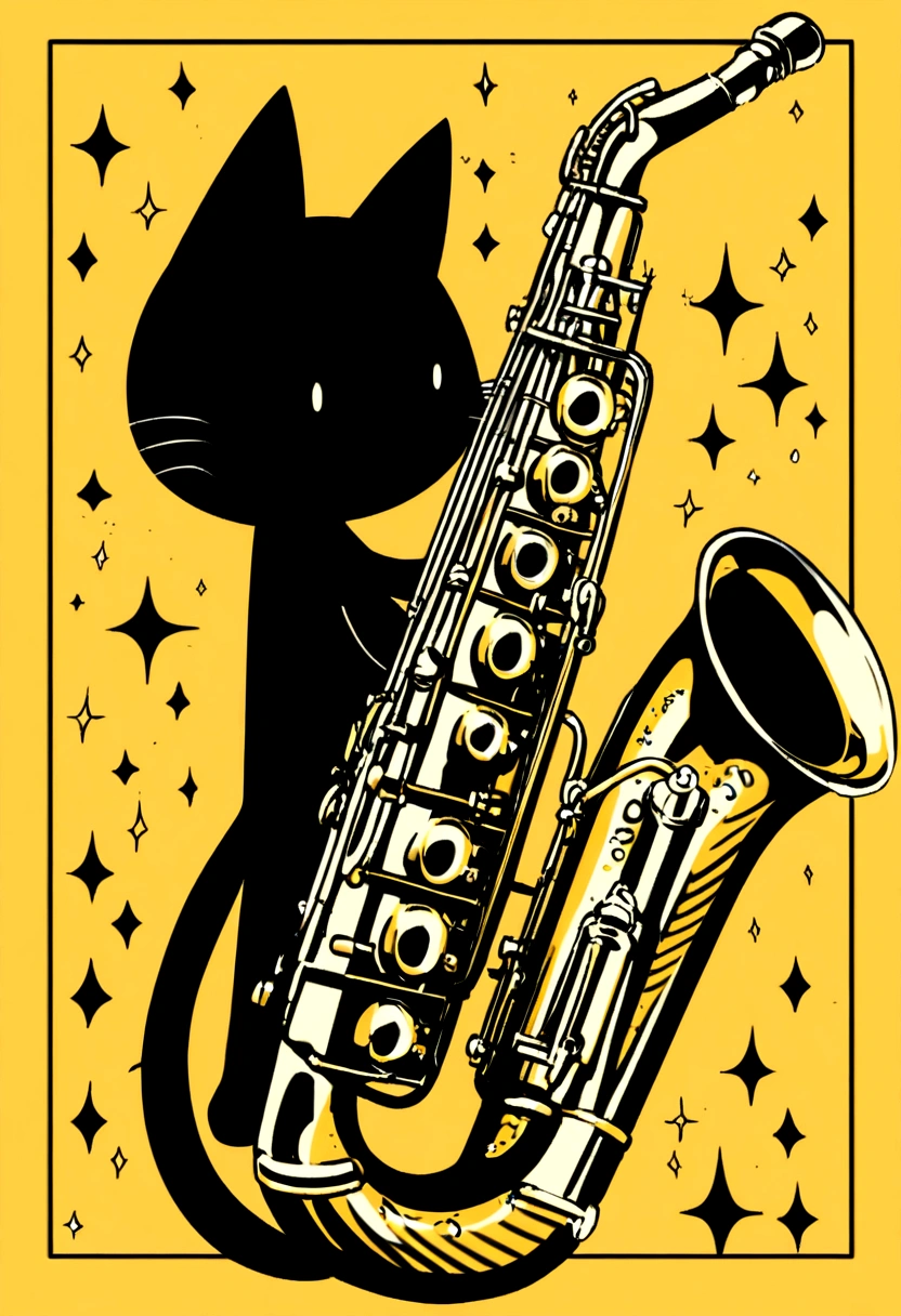 a childs drawing of an abstract cat playing a saxophone with a yellow background (both the cat and the saxophone is a black silhouette
