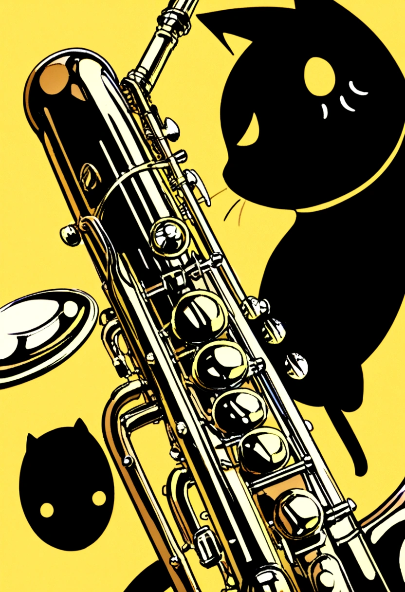 a childs drawing of an abstract cat playing a saxophone with a yellow background (both the cat and the saxophone is a black silhouette