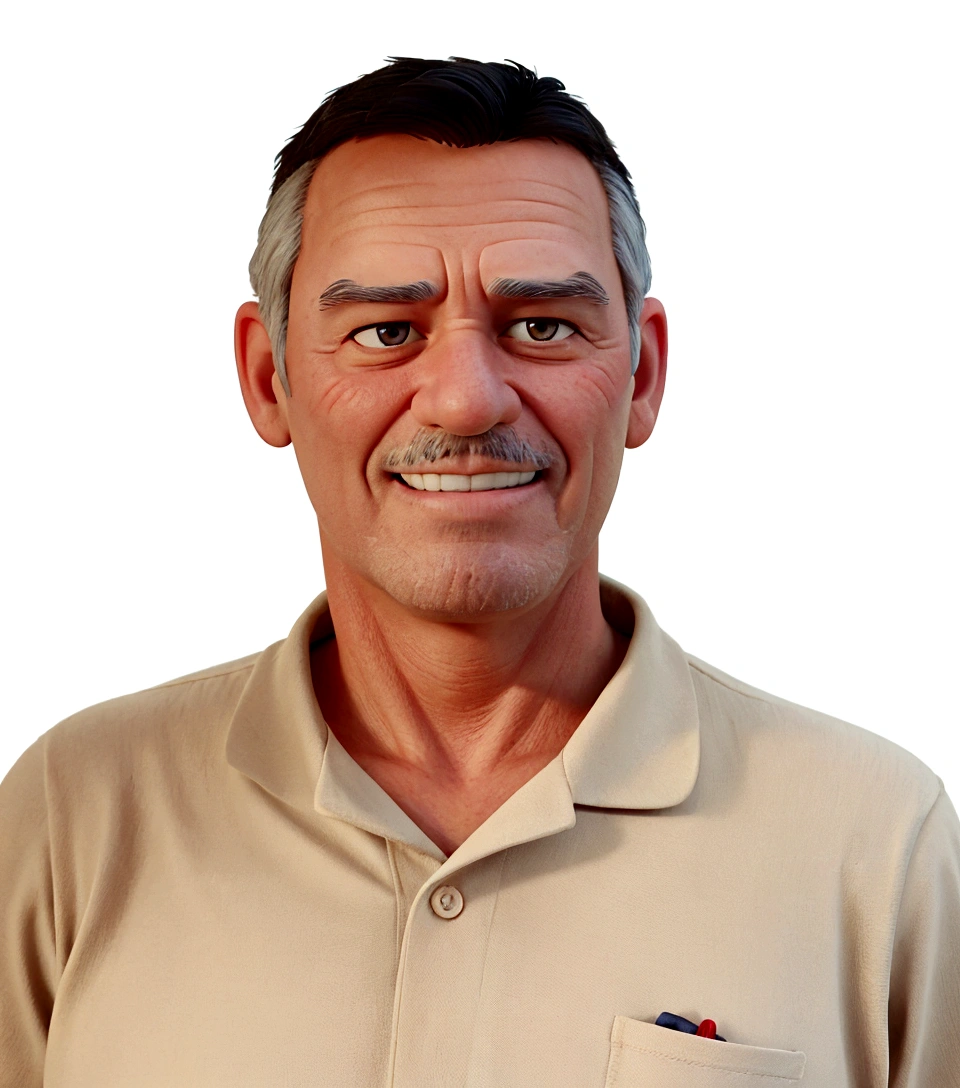 disney pixar style Draw a man of approximately 58 years old with short gray hair, It's the color of the brown shirt.