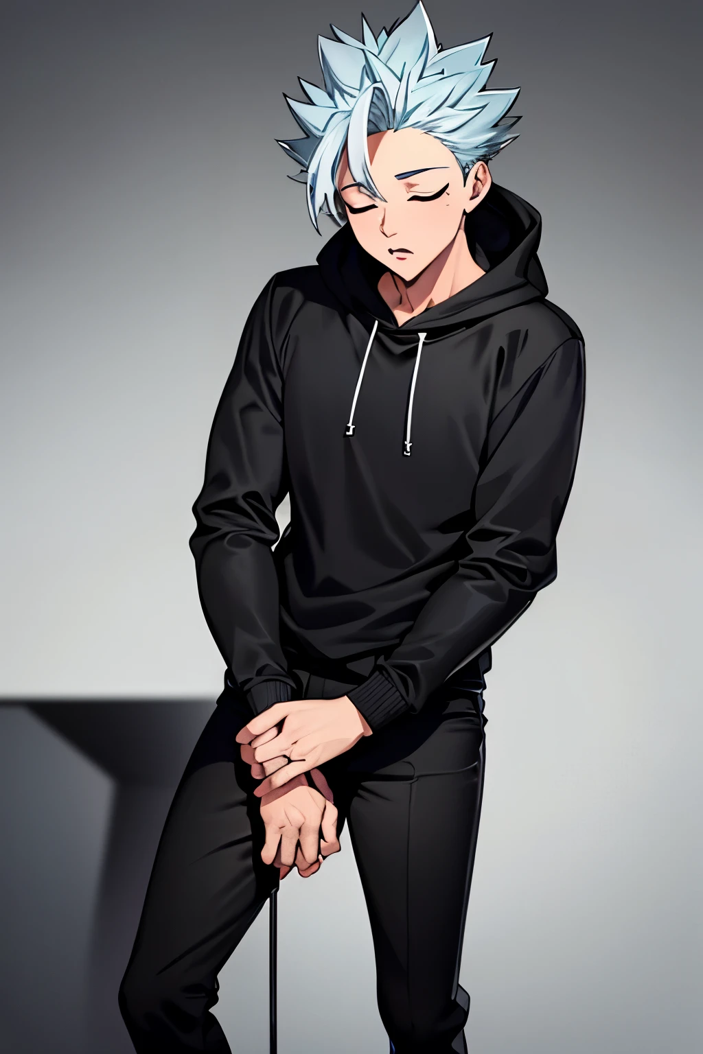 masterpiece, best quality, ultra-detailed, illustration, 1boy, solo, male focus,black hoodie,black trousers, looking at viewer,standing ,half body photo , ban_nanatsu_no_taizai,closed eyes,Bend over, hands forward