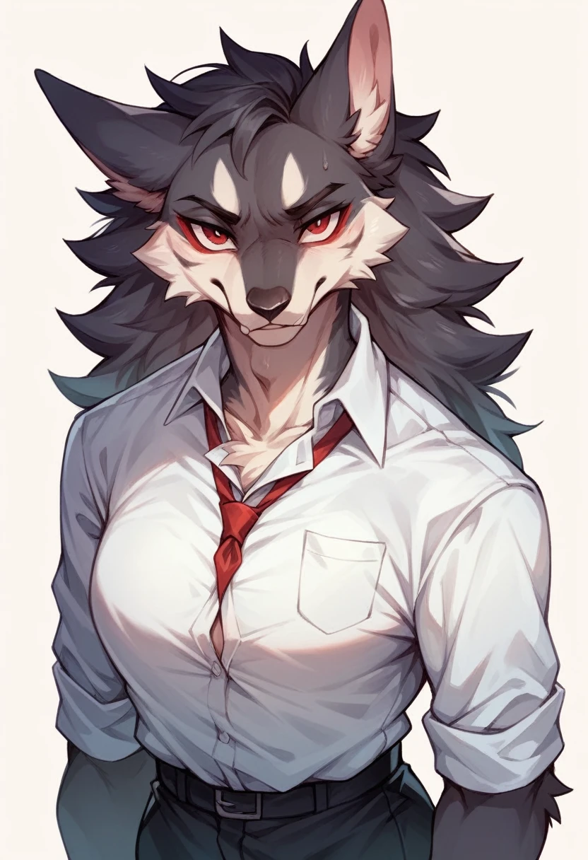 an anthropomorphic fur crow in office attire with deep black plumage and intense red eyes looking at the viewer from the front on a white background 