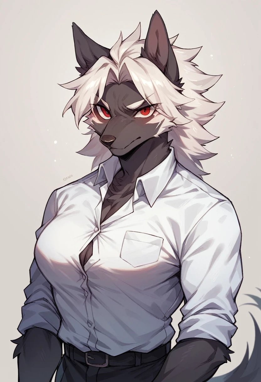 woman with dark skin,long white hair and cat ears with huge sweaty hanging out