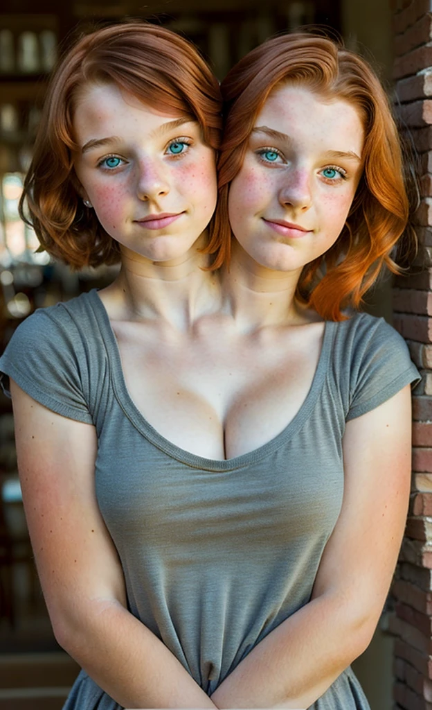 2heads, (one head 22 year old:1.5), (one head :1.5), (a redhead and a brunette:1.4)