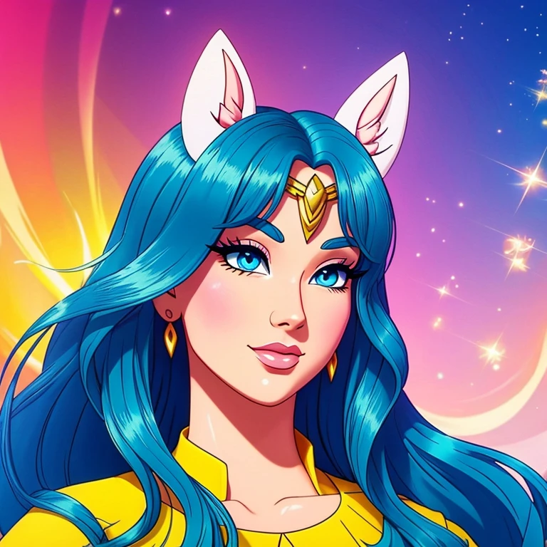 Mythical beauty from the cartoon, with bright wallpaper