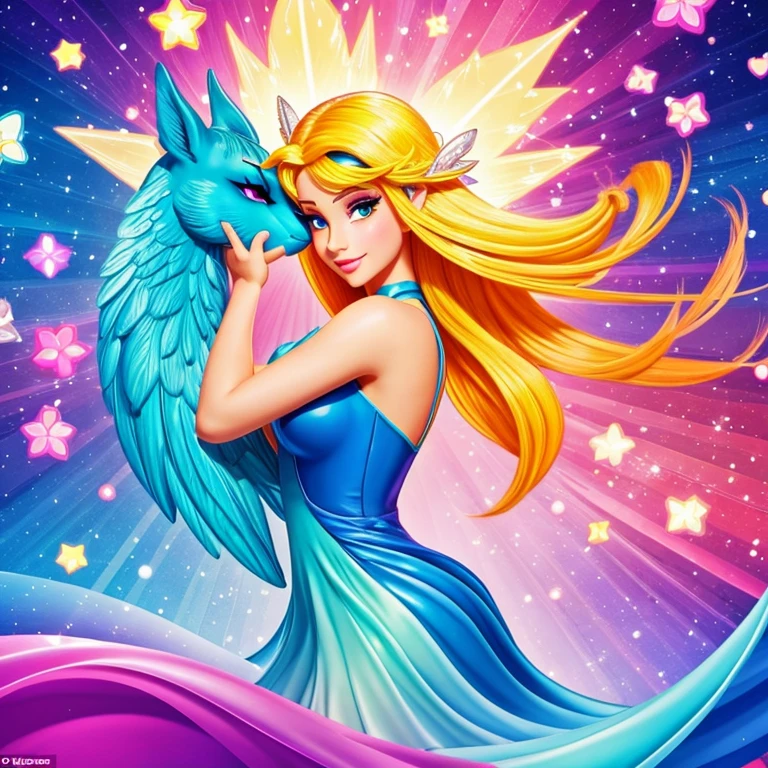 Mythical beauty from the cartoon, with bright wallpaper