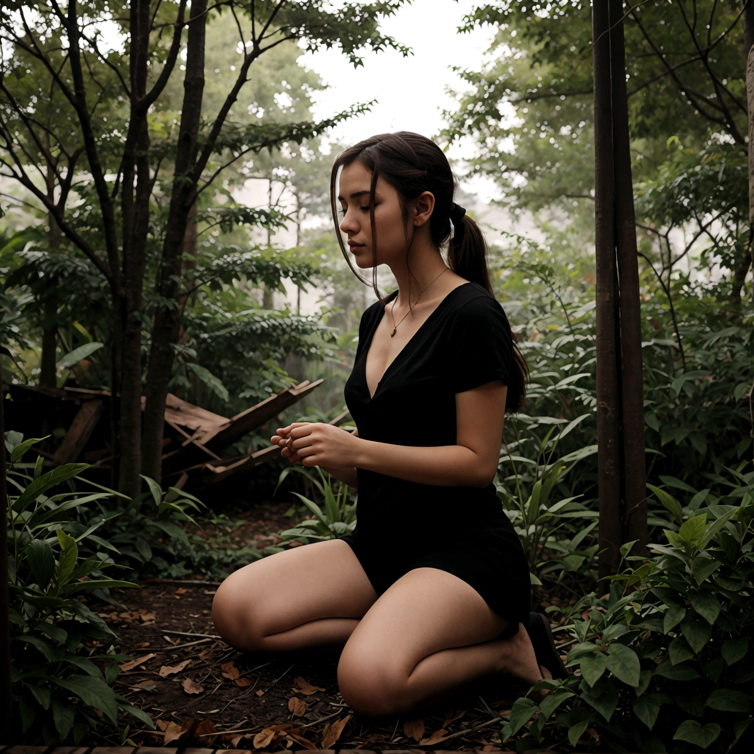 [woman meditating in green dress [concentrating] ] [under the moonlight] and lights in hands]