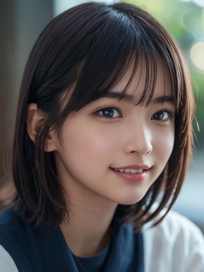 Highest quality, masterpiece, Ultra-high resolution, (Realistic:1.3), RAW Photos, (One Girl), (Upper Body), (20-year-old), (smile:0.9), (Shiny skin), (short hair, Dark brown hair), knit, smile, (Ultra detailed face), (Super beautiful poop), (Highly detailed eyes), (Highly detailed nose), (Highly detailed mouth), (Very skilled hands), (Super-detailed body), Sony a7, 85mm lens, f9.0, Pan Focus