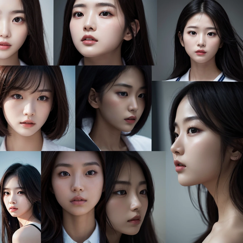 Close-up shots of four Korean beauties with captivating expressions。This scene is intense and dramatic.、Strobe lighting and strong backlighting create high contrast visuals。The women's faces are highlighted、It expresses an intense and captivating gaze.。