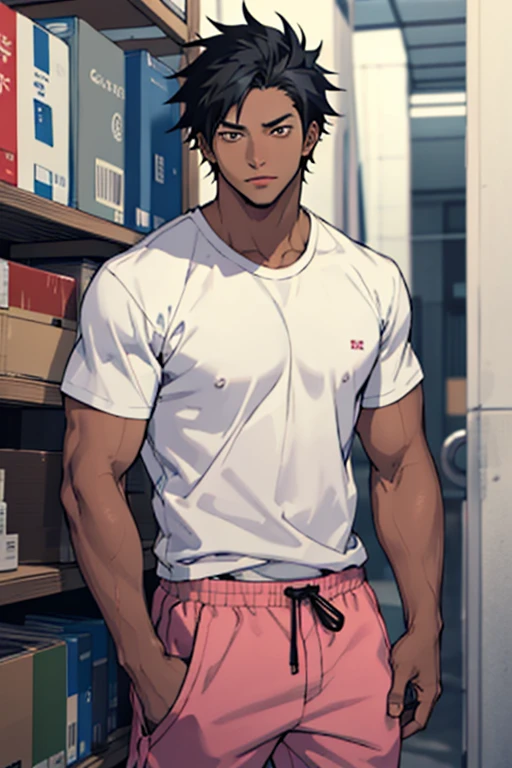 A bleach-style drawing of a man with black skin and black hair, wears a white t-shirt without prints and pink sweatpants.