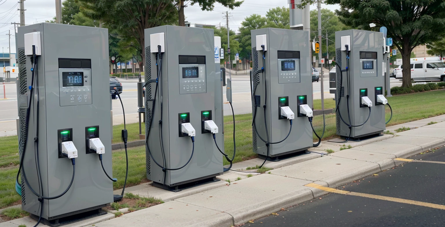 arafed electric charging stations are lined up in a row, very intense, charging through city, by Randy Post, motivational, a super-smart, conceptual, a hyper realistic, inspiring, circular, very neat, 2 1 st century, static, hyper realistic ”, hyper realistic”, easy, best selling, it's very huge, energy, large and in charge, upset