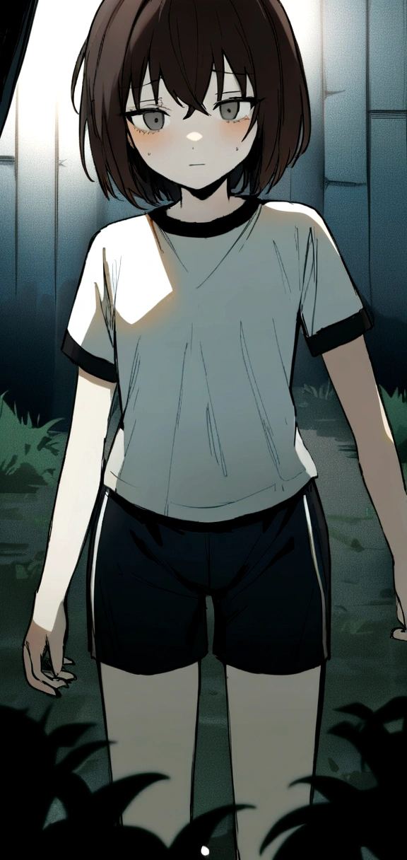 make me a girl, 16yo, sporty shirt and sporty shorts, neutral face, dark brown short hair, grey eyes, horror background scenery0