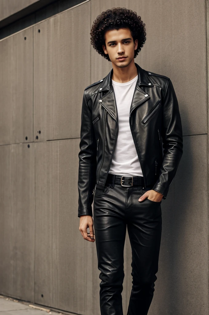 Slim curly haired guy wearing black leather biker polo black jeans with belt and combat boots standing looking at me