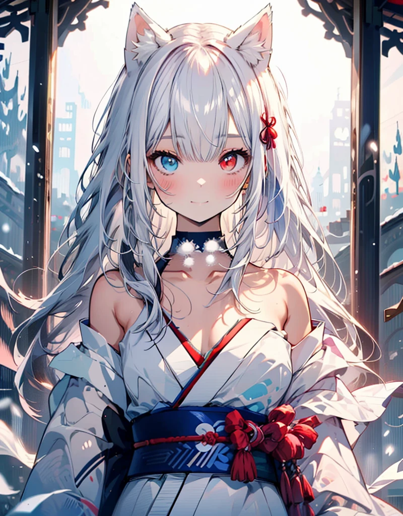 [[[ ultra-detailed, best quality, soft skin, beautiful, 4K]]] white hair, white fox ears, perfect blue and red eyes (heterochromia, tied-up hair, slender body, dynamic angle, white choker, white and blue upper loose kimono (off shoulders kimono ) , white fox ears, calm expression, female, snowy palace gardens background, serious). walking angle, ((little horny smile)), bare shoulders,  easy like, scenery, ((white fluffy cat ears)) 