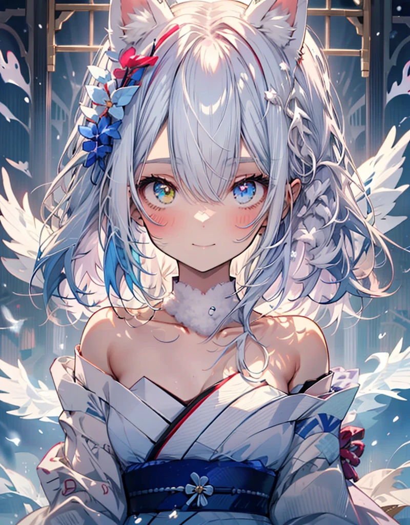 [[[ ultra-detailed, best quality, soft skin, beautiful, 4K]]] white hair, white fox ears, perfect blue and red eyes (heterochromia, tied-up hair, slender body, dynamic angle, white choker, white and blue upper loose kimono (off shoulders kimono ) , white fox ears, calm expression, female, snowy palace gardens background, serious). walking angle, ((little horny smile)), bare shoulders,  easy like, scenery, ((white fluffy cat ears)) 