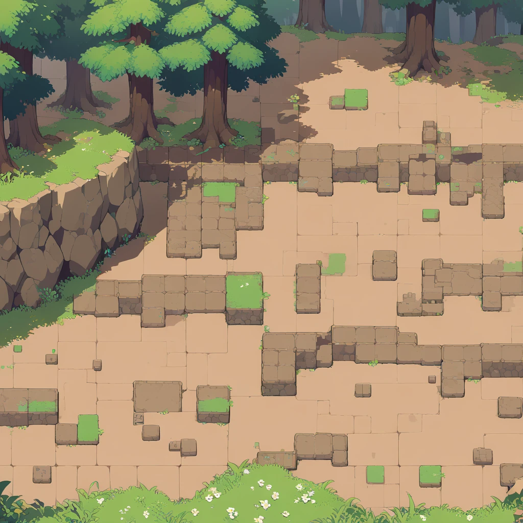 retro video game style,pixelated pastel colors,8-bit characters,blocky shapes,sharp lines,detailed shading,classic gaming vibe,nostalgic atmosphere,classic arcade games,masterpiece:1.2,ultra-detailed,illustration style, 2d texture, stone texture, 4 k seamless mud texture, video game texture, dirt texture, game tileset, grass, 3/4th perspective trees, cliff formation game tileset, cliff texture game tileset, 3/4th perspective forest, topdown view, game texture, game art, dirt, , tileable texture, top down view, 3/4th perspective