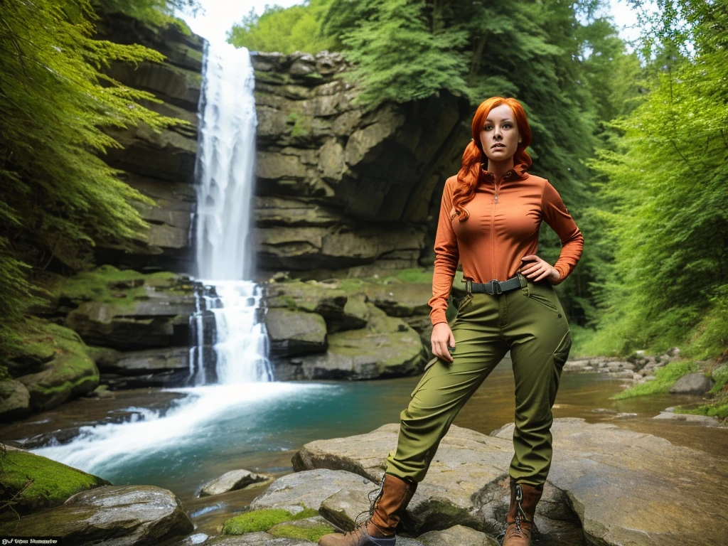 waterfall and Pools at 35 feet high, Vibrant red hair girl "She's very tall Extra long legs, Big breasts, and here arm over her head, On the other in her air and in the hair, clothes Hiking pants and top in the colour of Brown khaki Gear," Standing knee high with white little dogs, Give this picture an Irish feel of an Irish countryside," Make all the water Bright blue She's got to be in hiking boots trousers and topance, With her hiking gear she has to be wearing a hiking knife around her waist for protection