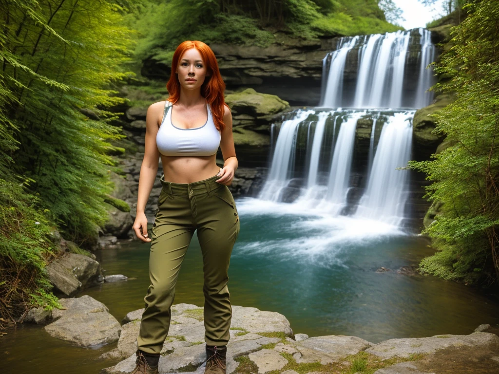 waterfall and Pools at 35 feet high, Vibrant red hair girl "She's very tall Extra long legs, Big breasts, and here arm over her head, On the other in her air and in the hair, clothes Hiking pants and top in the colour of Brown khaki Gear," Standing knee high with white little dogs, Give this picture an Irish feel of an Irish countryside," Make all the water Bright blue She's got to be in hiking boots trousers and topance, With her hiking gear she has to be wearing a hiking knife around her waist for protection