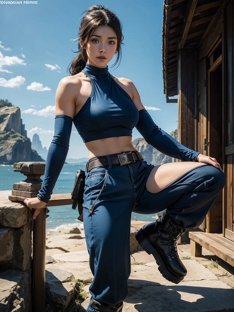 Korra from the legend of korra, beautiful woman with bold features, wearing high neck top, baggy pants, high boots, big blue eyes, gorgeous look, black overhead pony tail hair, realistic, photorealistic, photo-realistic:1.37, best quality,4k,8k,highres,masterpiece:1.2,ultra-detailed,vivid colors,physically-based rendering,extreme detail description,professional