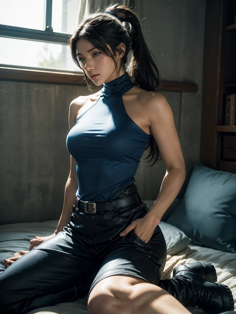 Korra from the legend of korra, beautiful woman with bold features, wearing high neck top, baggy pants, high boots, big blue eyes, gorgeous look, black overhead pony tail hair, realistic, photorealistic, photo-realistic:1.37, best quality,4k,8k,highres,masterpiece:1.2,ultra-detailed,vivid colors,physically-based rendering,extreme detail description,professional