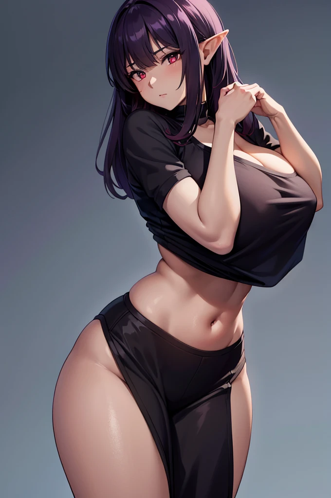 1grl, Arshes Nei (by Bastard!!), elf with curvy voluptuous body, gigantic breastss, (darkskin), long dark purple hair, bangs straight, crimson red eyes, wear a short tank top, showing off her huge breasts, Face pretty, perfect hands, no extra arms or legs, 4k resolution, simple background, Shot with Sony A7 IV for HD image quality, intricate-detail, volumetric lighting