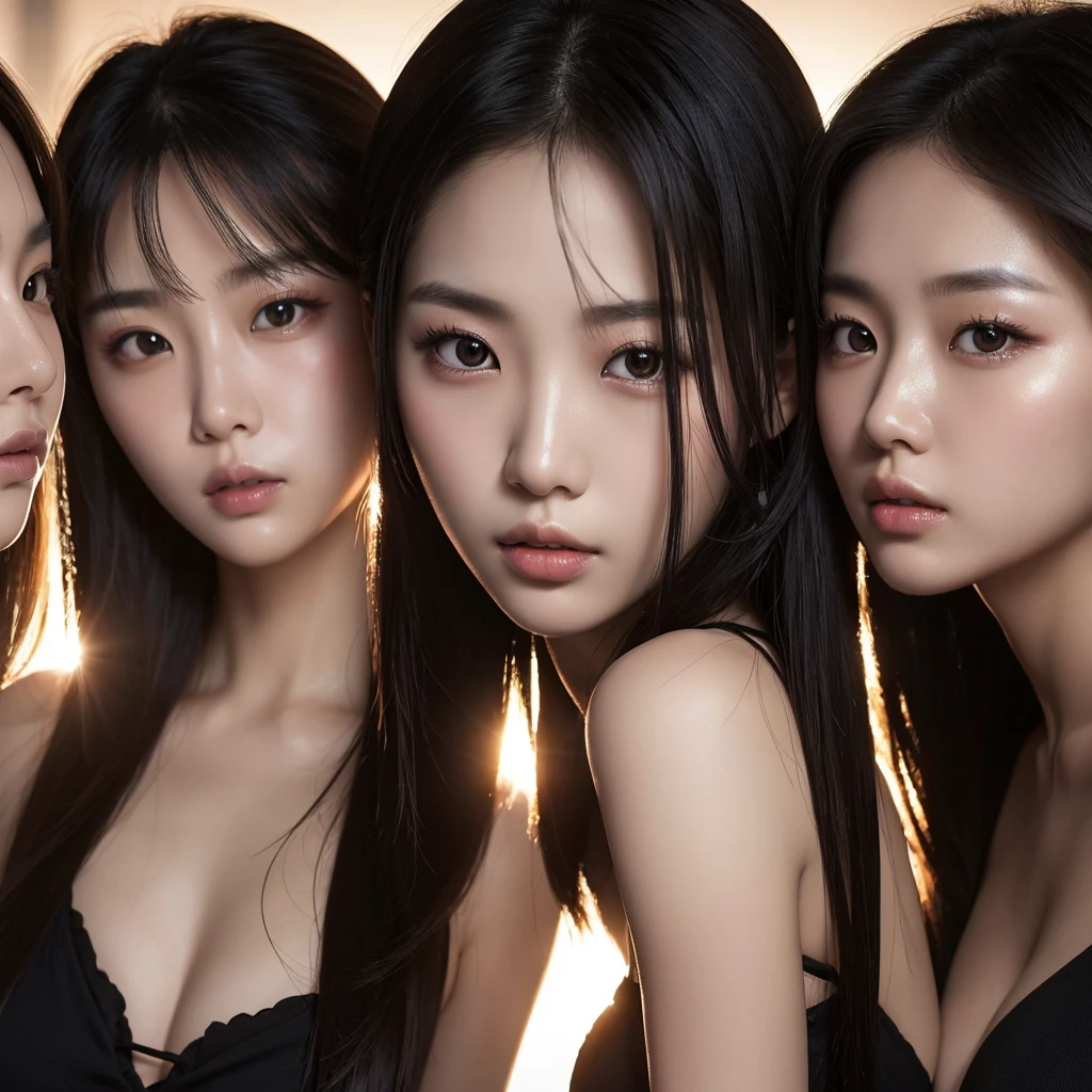 Close-up shot of three Korean beauties with seductive expressions。This scene is intense and dramatic.、Strobe lighting and strong backlighting create high contrast visuals。The women&#39;s faces are highlighted、It expresses an intense and captivating gaze.。」