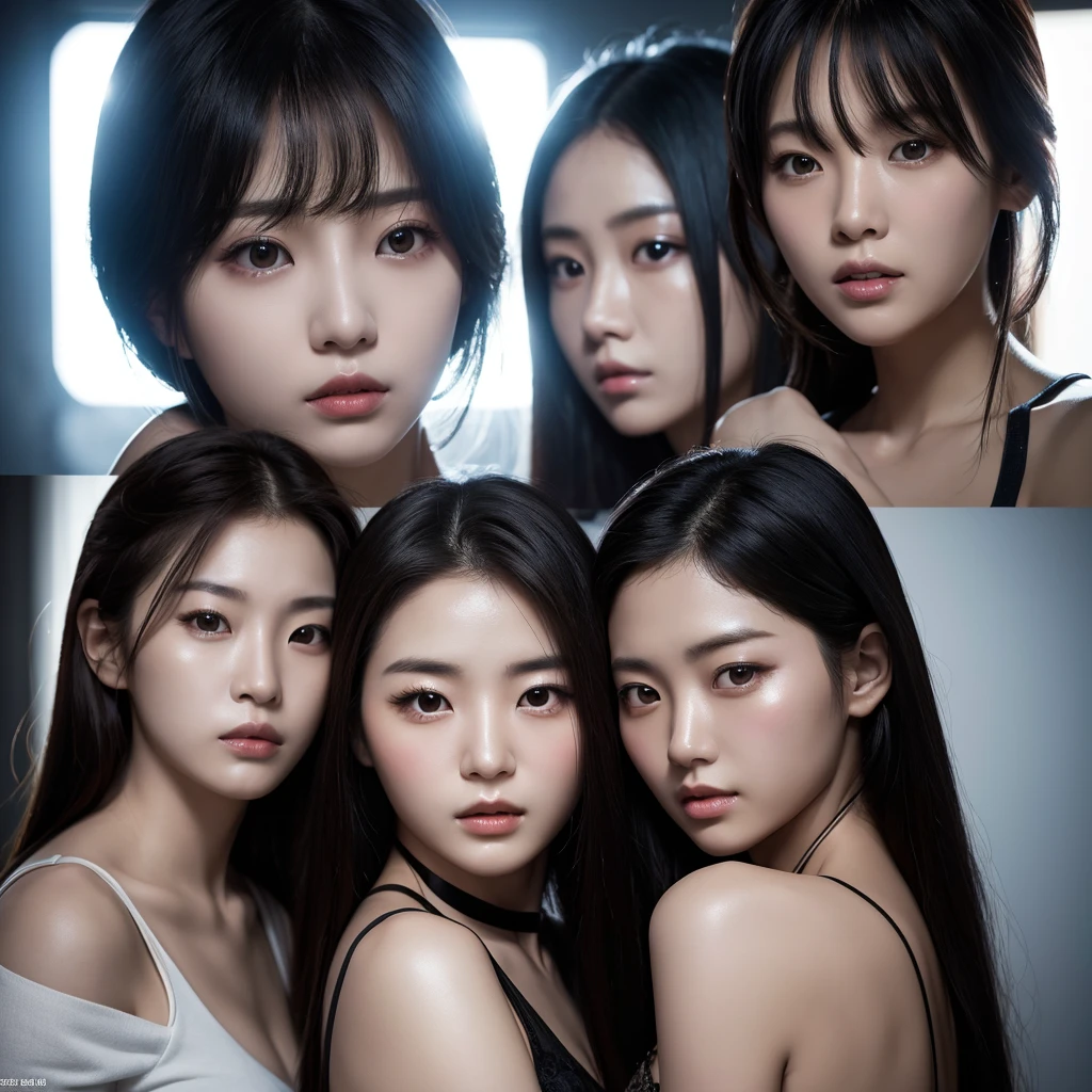 Close-up shot of three Korean beauties with seductive expressions。This scene is intense and dramatic.、Strobe lighting and strong backlighting create high contrast visuals。The women's faces are highlighted、It expresses an intense and captivating gaze.。」