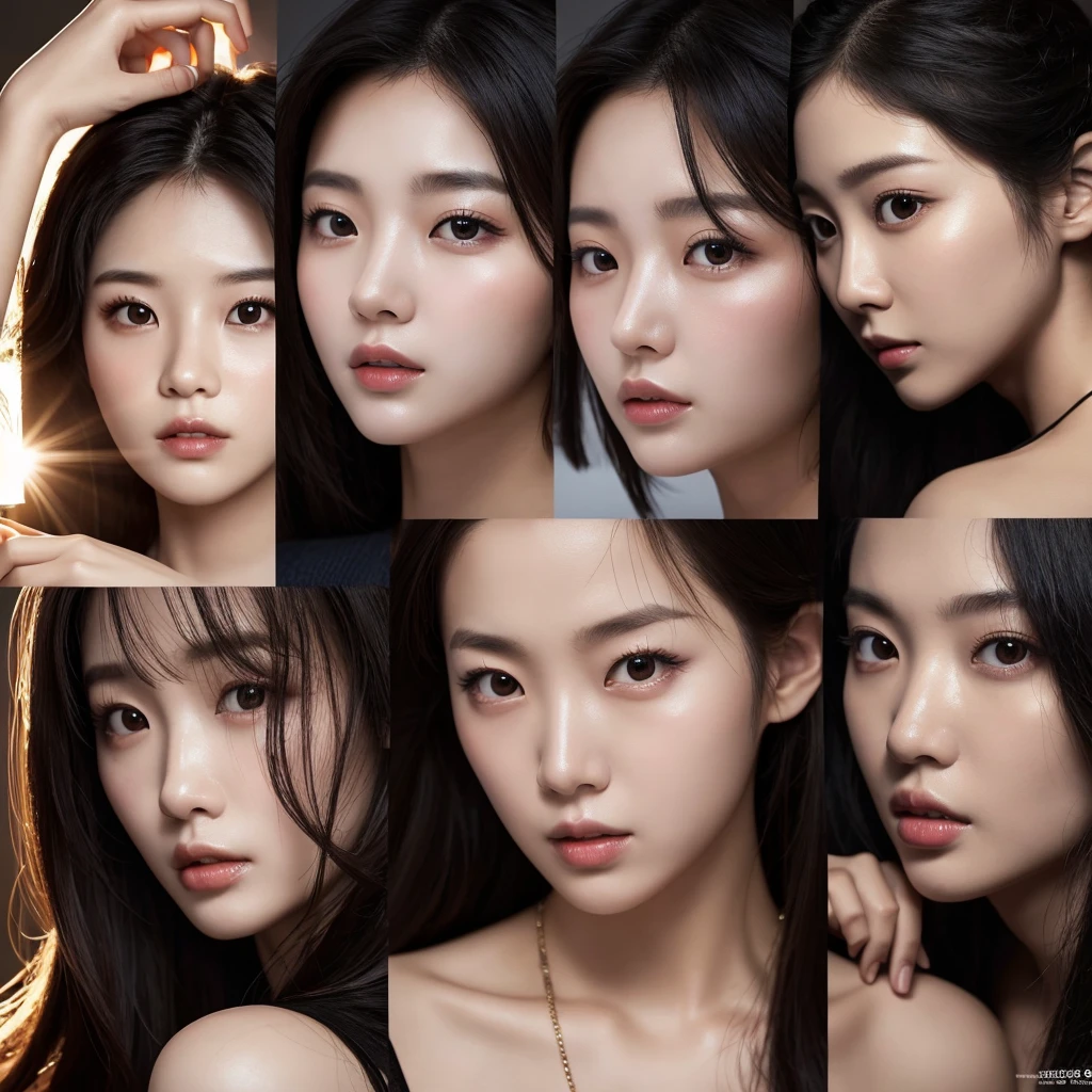 Close-up shot of three Korean beauties with seductive expressions。This scene is intense and dramatic.、Strobe lighting and strong backlighting create high contrast visuals。The women's faces are highlighted、It expresses an intense and captivating gaze.。」
