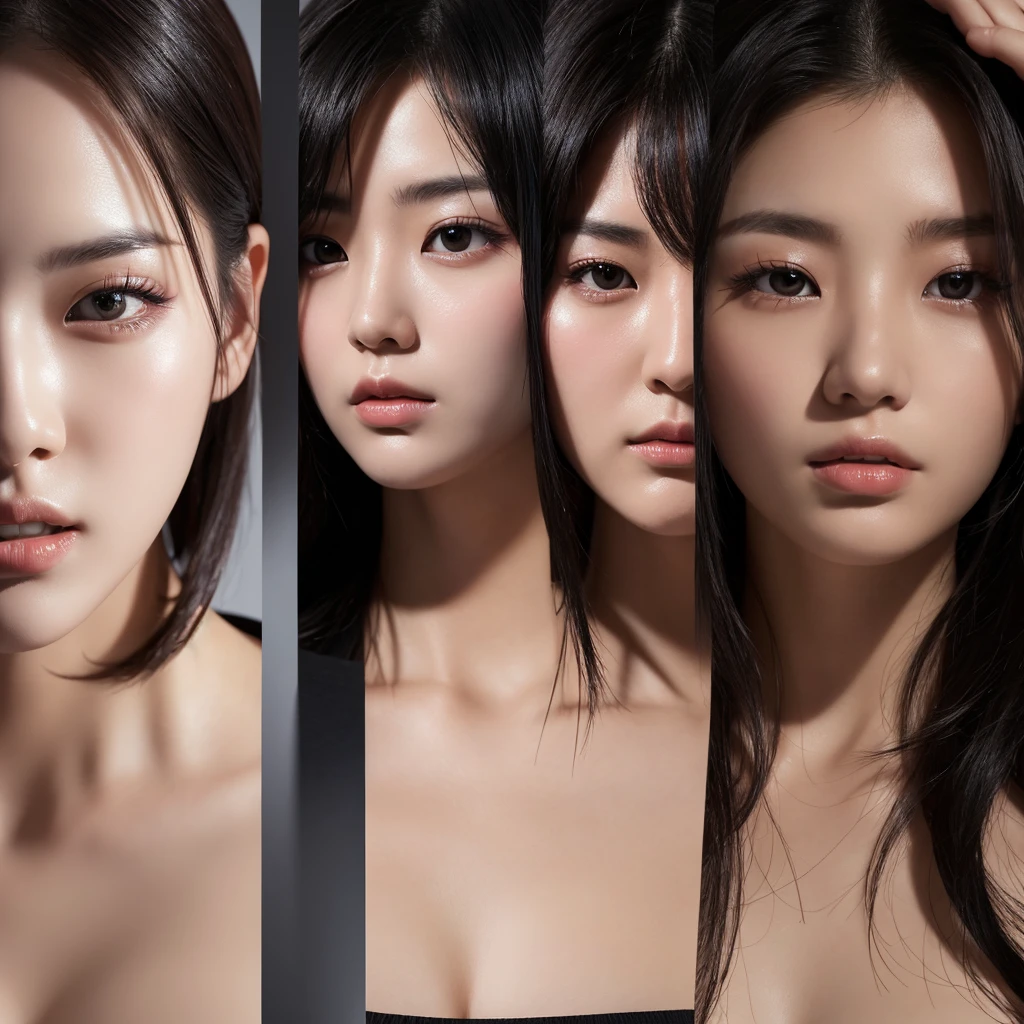 Close-up shot of three Korean beauties with seductive expressions。This scene is intense and dramatic.、Strobe lighting and strong backlighting create high contrast visuals。The women's faces are highlighted、It expresses an intense and captivating gaze.。」