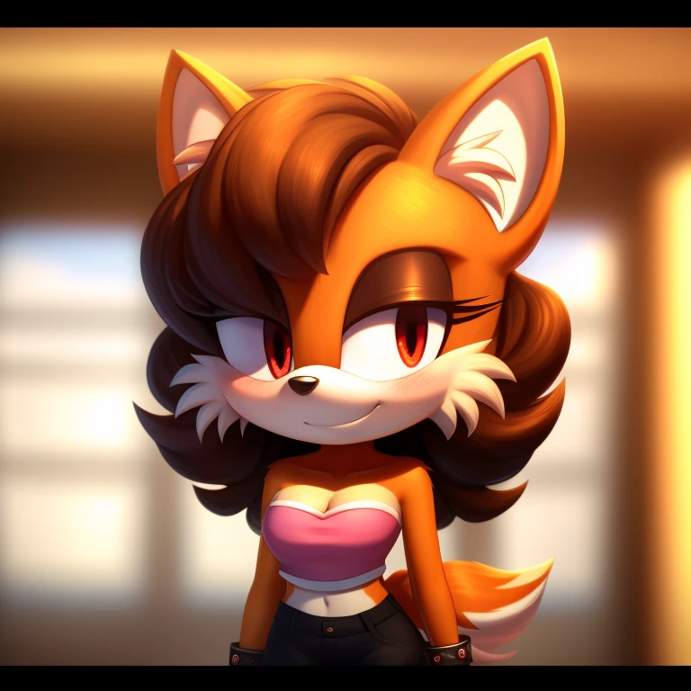 mobian, solo, hedgehog, two-tone fur ((orange fur, brown fur)), strapless crop top, baggy pants, cleavage, two-tone hair (brown hair, black tip)), curly hair, halo, sunglasses, jewelry, red eyes, longeyelashes, red eyes, smile, shy, blush,  framed, stereogram, image fill, viewfinder, depth of field, high details, high detail, masterpiece, UHD, anatomically correct, super detail, highres, 4K