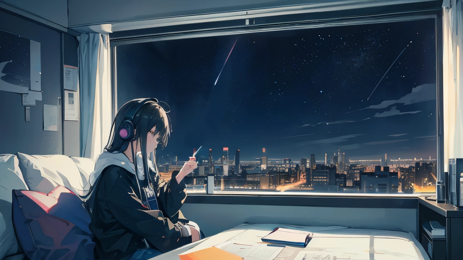 Create an illustration that matches a night driving themed LOFI video。Drawing a car running on a city highway at night、Outside the window, there are buildings with neon lights shining.、I can see the road lined with streetlights。Including the starry night sky and the taillights of cars shining in the distance.、Express a calm and relaxed atmosphere。Overall soft colours、Please finish it so that it looks like a warm light is shining in.。Perfect for video backgrounds、Aim for a comfortable illustration。Create an illustration that matches a night driving themed LOFI video。Draw a scene of a girl in a room looking out the window。Outside the window, there are buildings with neon lights shining.夜の街が見え、The tail lights of a car are shining in the distance。The room was lit by a warm light、The girl is listening to music with a relaxed look。The girl is wearing headphones、There are notebooks and books on the desk.、The room has a cafe-like atmosphere.。Overall soft colours、Emphasize a calm and serene atmosphere。
